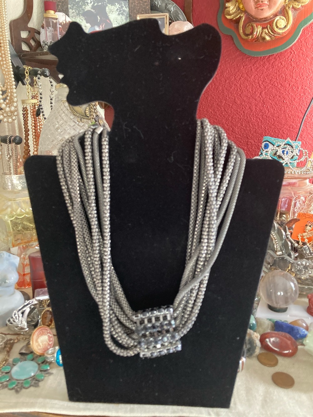 Multi-Strand Black Gemstone Necklace with Decorative Clasp - Gray